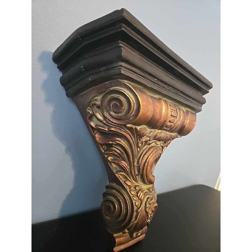 Vintage Wall Shelf Sconce Scrolls Leaves Copper Tone Green Antique Look 11"x11" - Picture 4 of 10